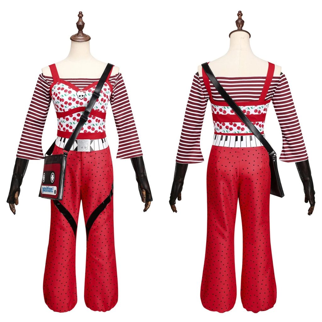 Ghoulia costume front and back on dress form: cherry top striped sleeves and red dotted trousers
