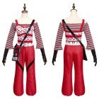 Ghoulia costume front and back on dress form: cherry top striped sleeves and red dotted trousers
