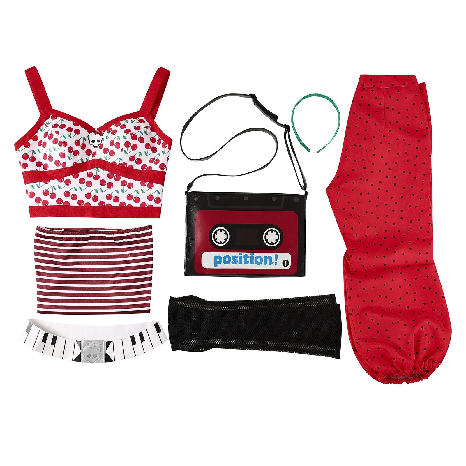 Build A Ghoulia Yelps Monster High Costume And Denim-Blue Wig Look 2 Ghoulia costume pieces laid out with the cherry print, belt, headband and cassette bag