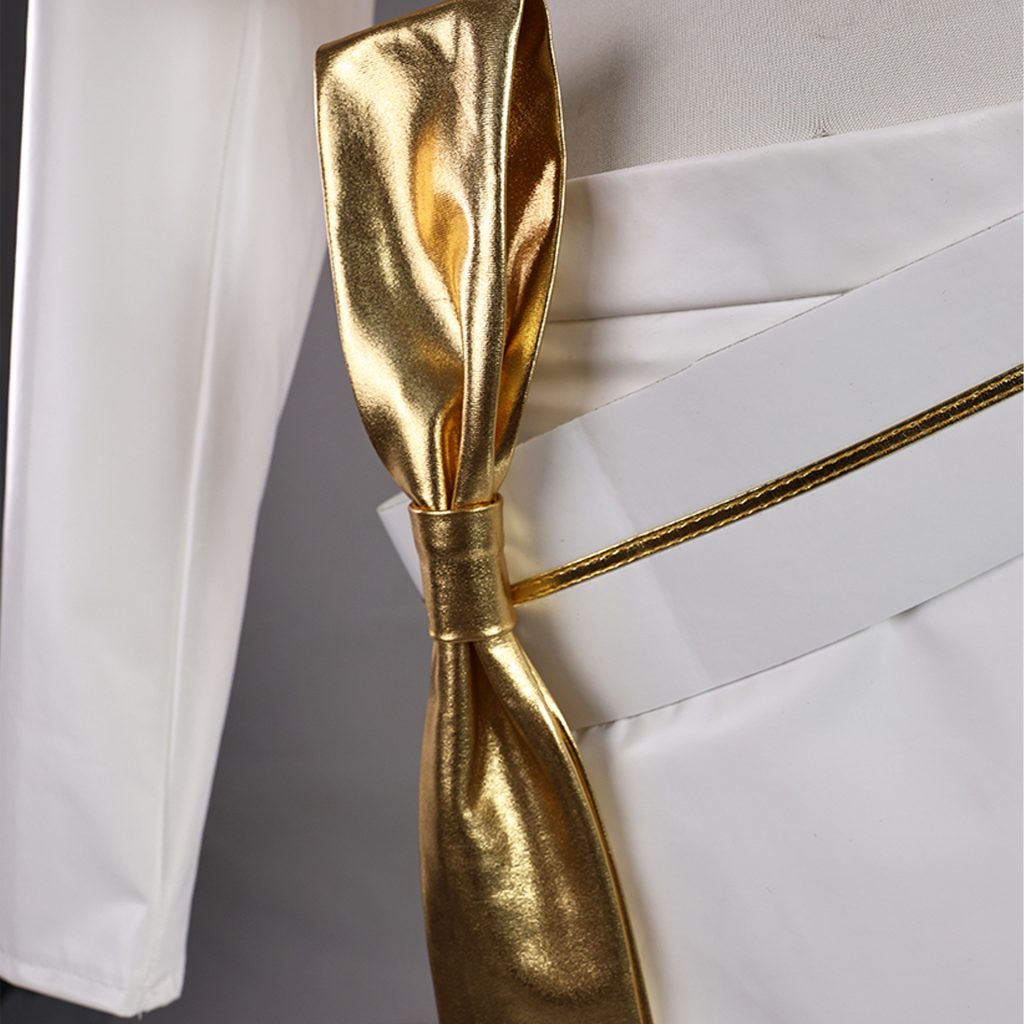Child Mira gold waist bow-sash and gold-edged white belt detail