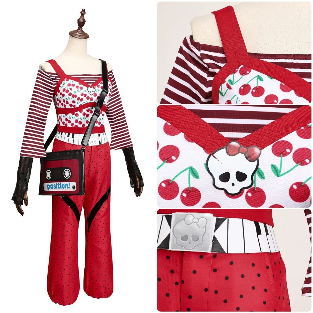 Ghoulia costume front and close-up of striped neckline, cherry print and piano belt