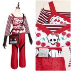 Ghoulia costume front and close-up of striped neckline, cherry print and piano belt