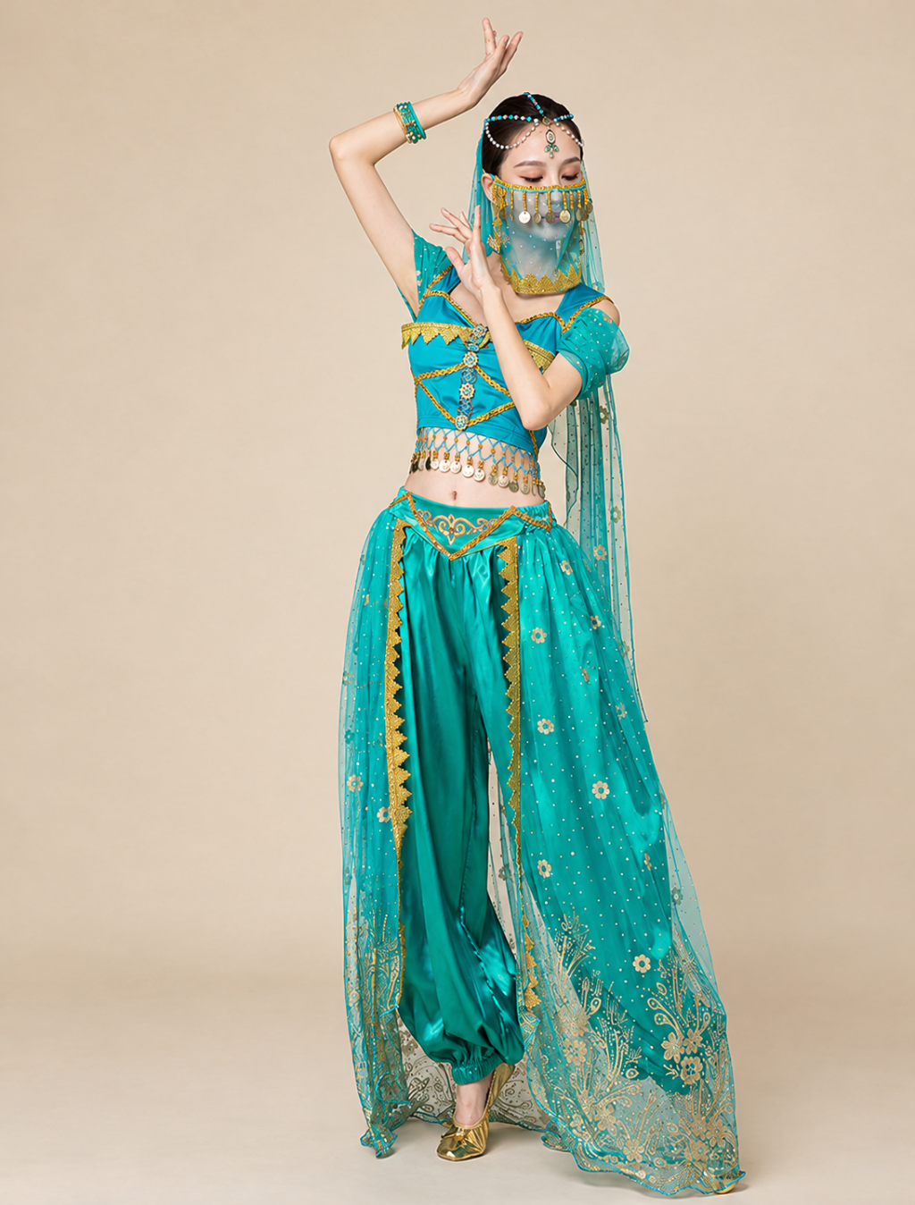 Aqua Blue costume worn from a second angle with long embroidered panels