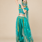 Aqua Blue costume worn from a second angle with long embroidered panels