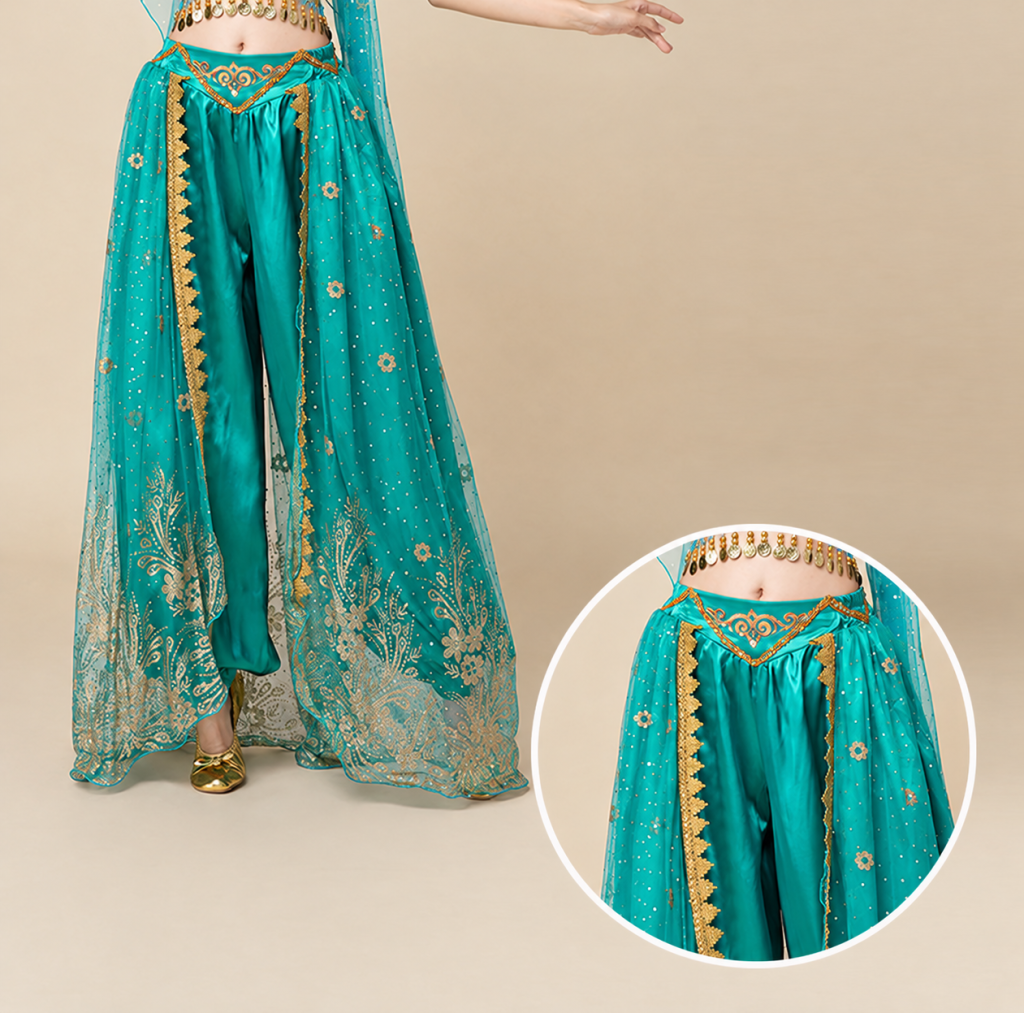 Aqua Blue gathered pants under gold-edged sheer embroidered panels