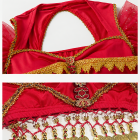 Burgundy top back opening and coin-fringe closeup