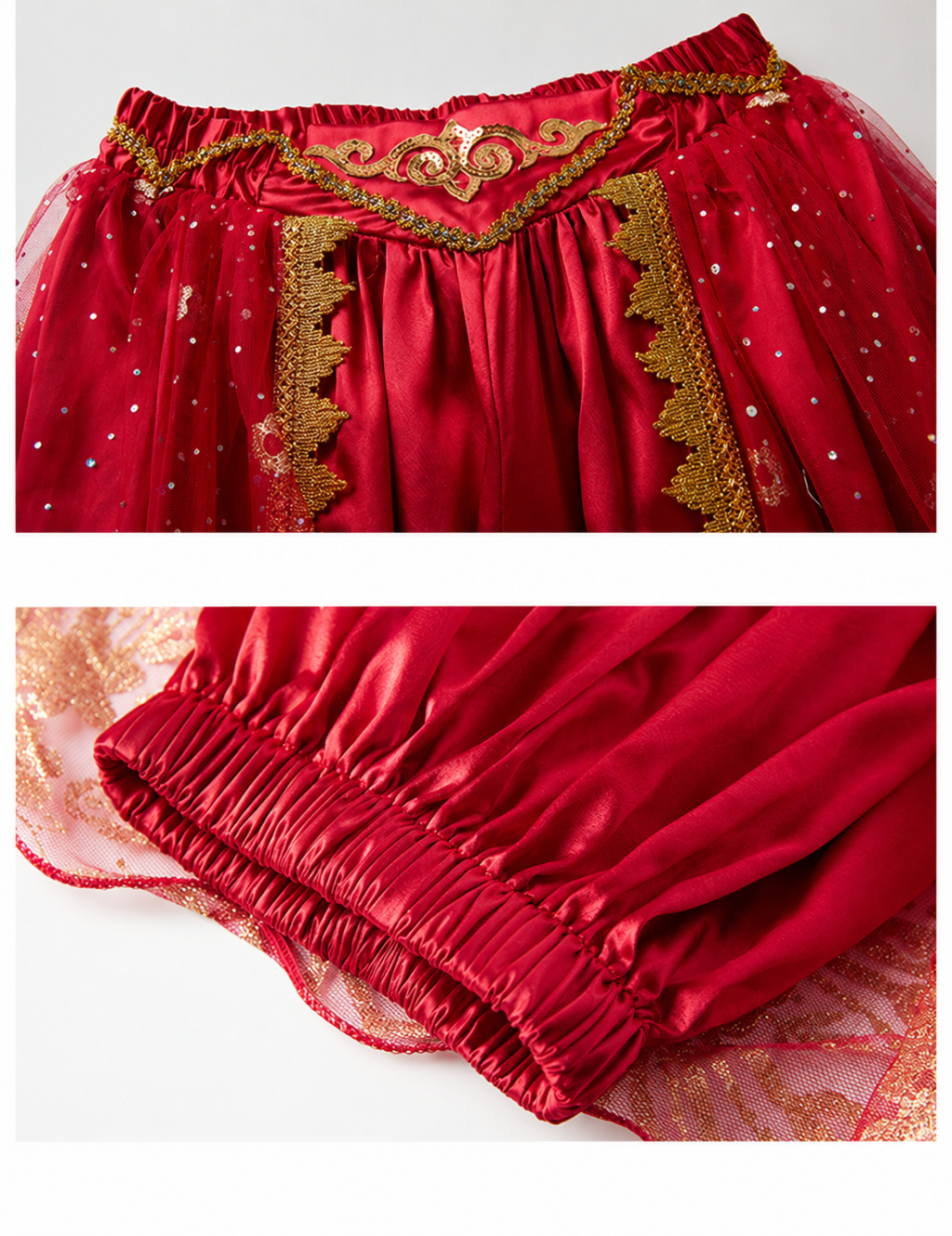 Burgundy embroidered elastic waist and gathered pants cuff details