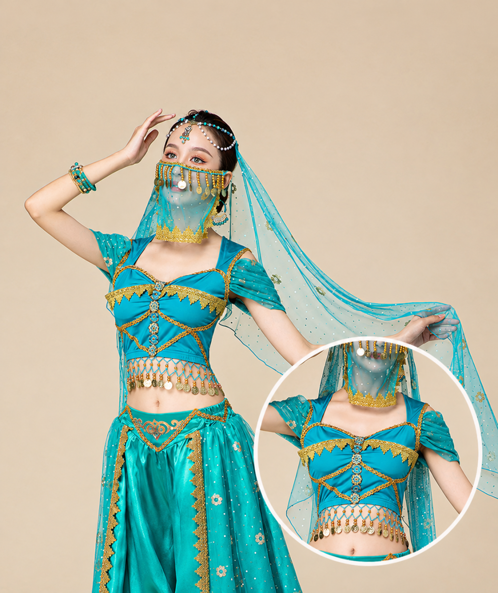 Aqua Blue gold-edged bodice with draped sleeves and coin fringe