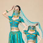 Aqua Blue gold-edged bodice with draped sleeves and coin fringe