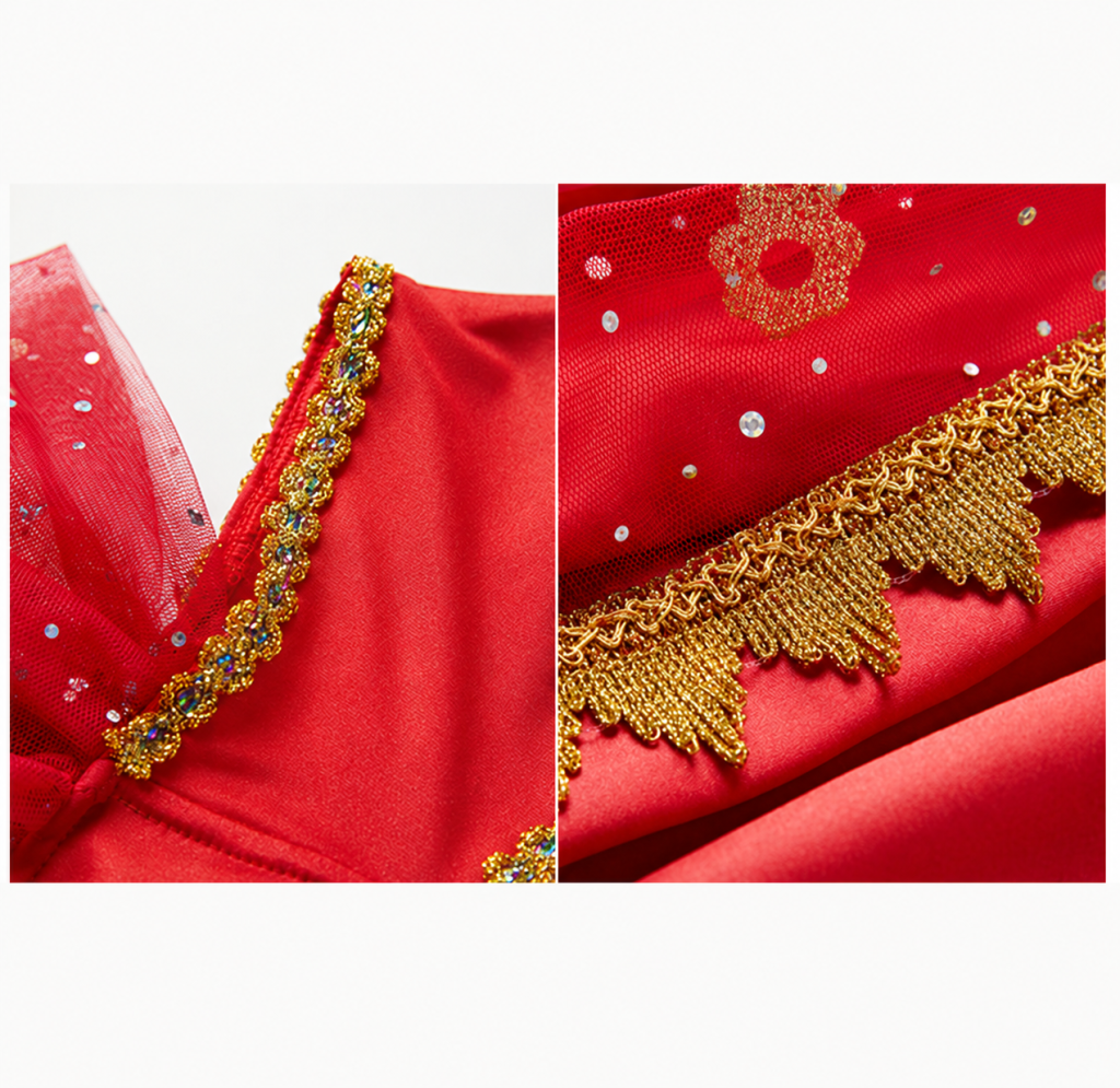 Burgundy top trim and embroidered pants overlay closeups
