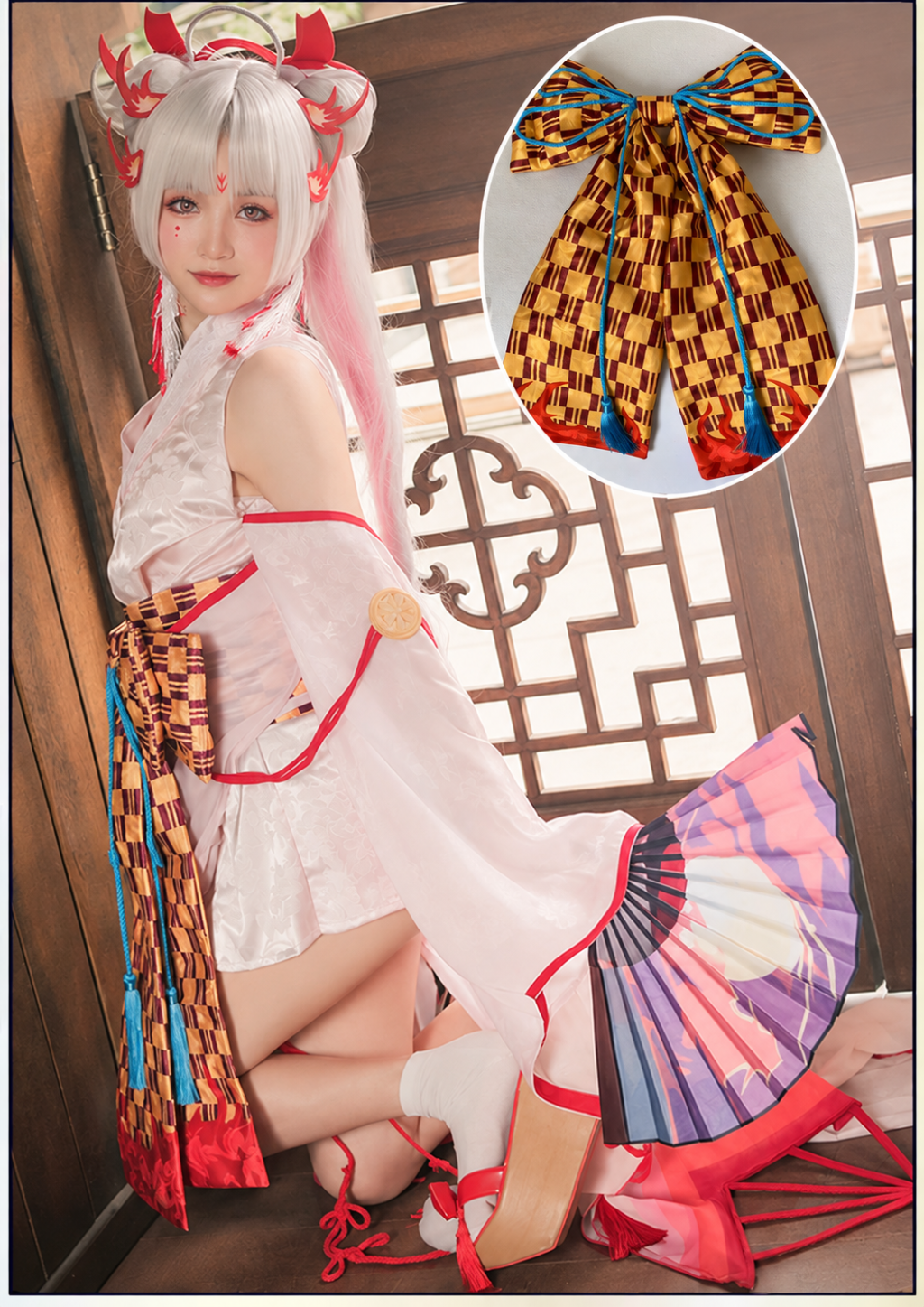 Shiranui costume checker-pattern bow and blue tassel detail