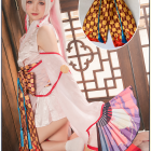 Shiranui costume checker-pattern bow and blue tassel detail