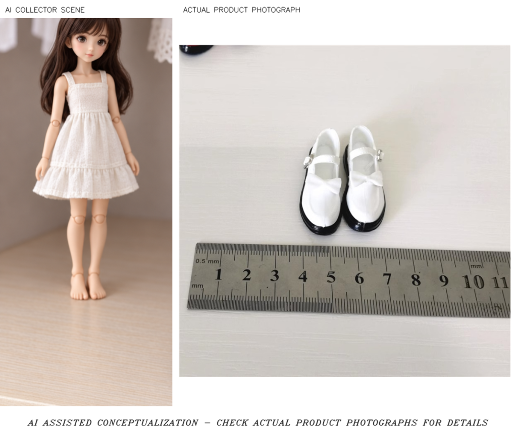 Disclosed AI collector scene beside actual photograph of white miniature bow-strap shoes; display doll and ruler not included
