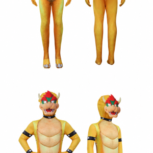 Bowser jumpsuit and hood, front and printed shell back views