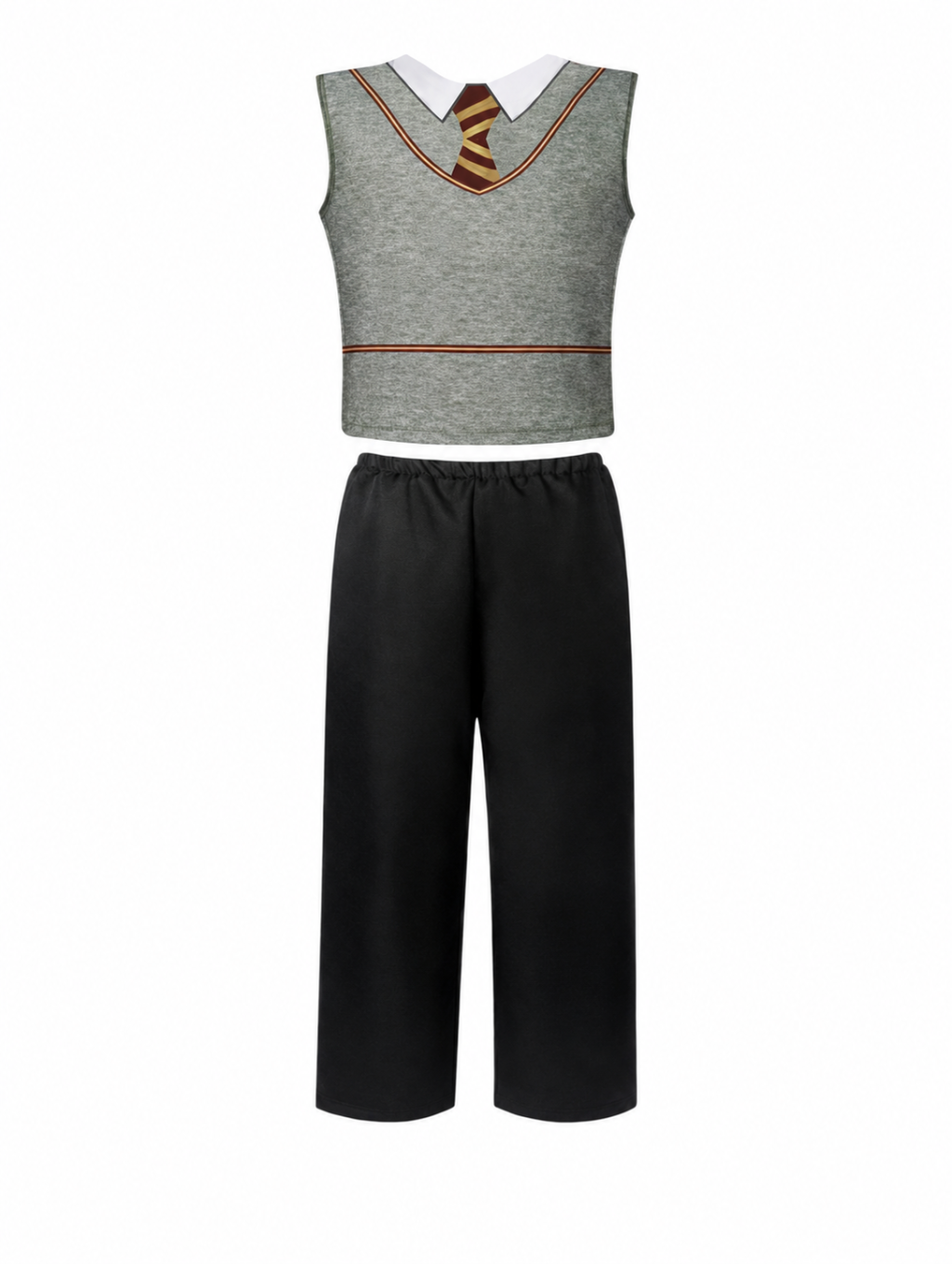 Gray school-style waistcoat top and black trousers