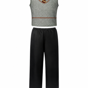 Gray school-style waistcoat top and black trousers