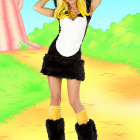 Penguin costume front view with bird-face hood, white belly panel and yellow accents