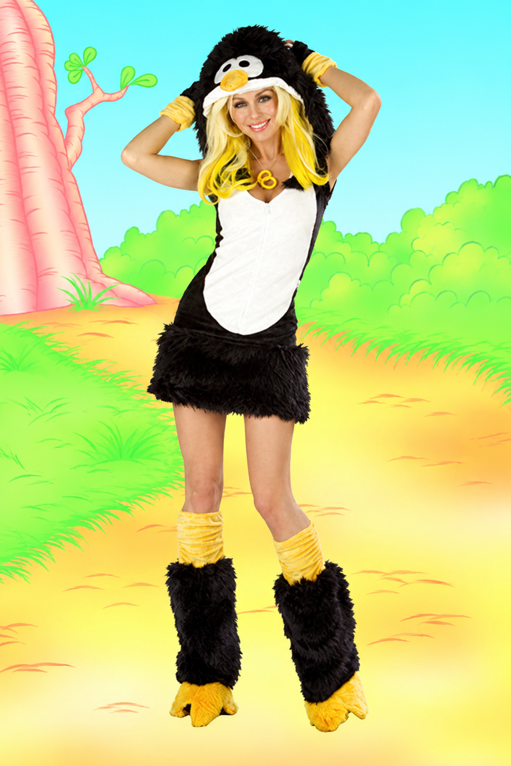 Penguin costume front view with bird-face hood, white belly panel and yellow accents