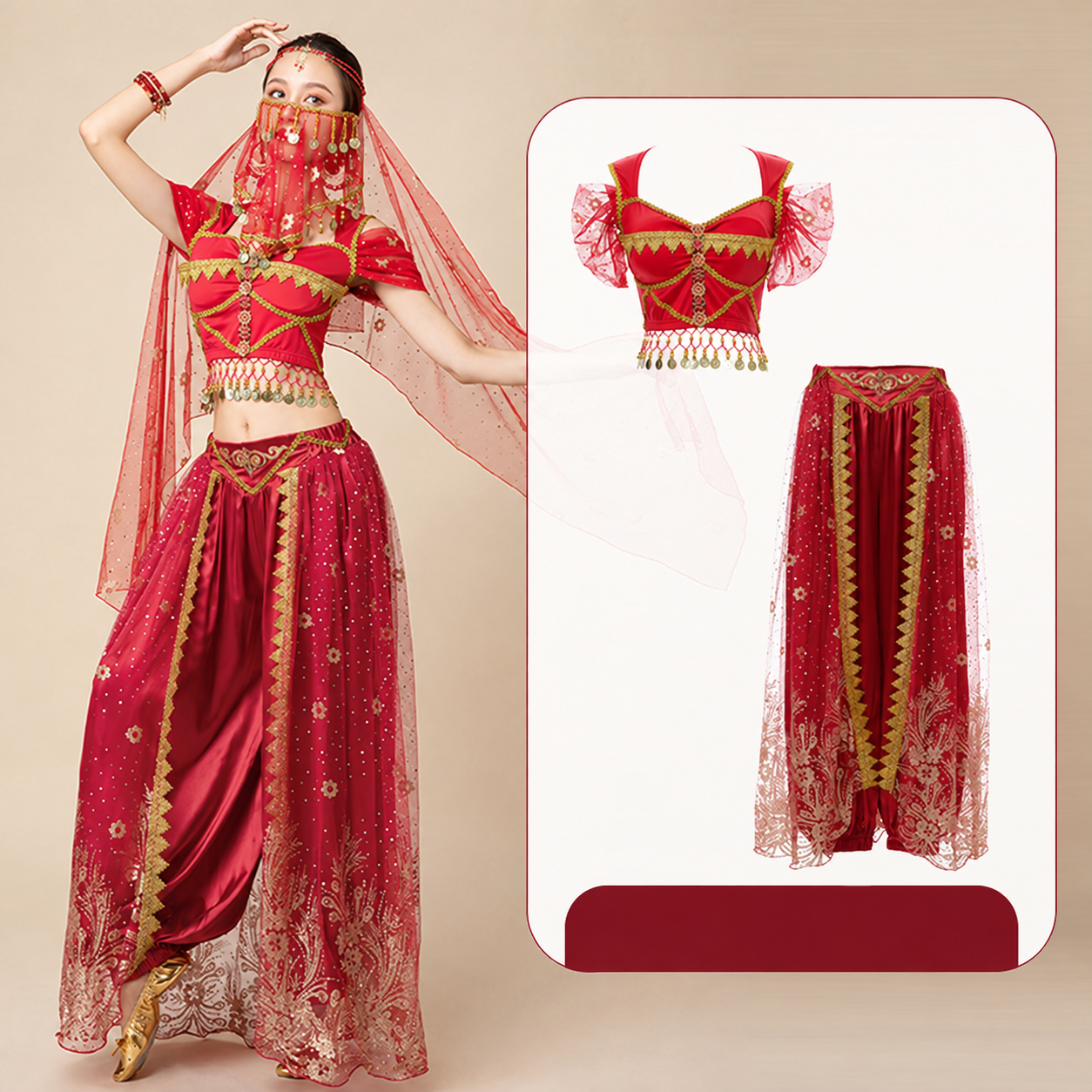 Burgundy two-piece choice: cropped top and embroidered overlay pants