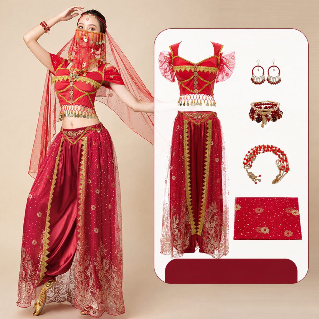 Burgundy five-piece choice adding bracelet to top pants headwear and earrings