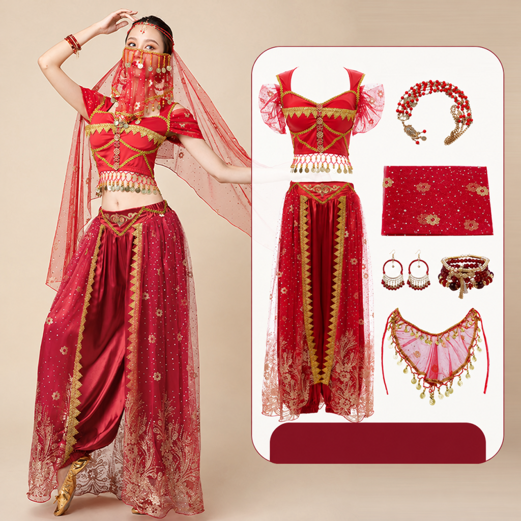 Burgundy six-piece choice with semicircular face veil and five-piece accessories