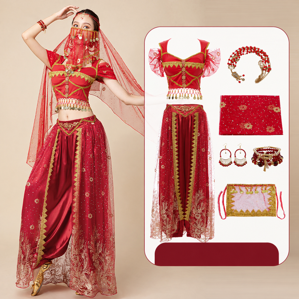 Burgundy six-piece choice with square face veil and five-piece accessories