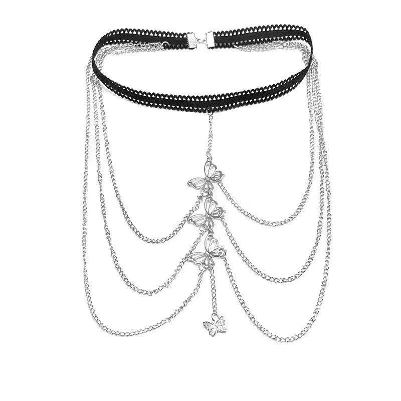 Butterfly Lace-Look Band Leg Chain — Silver-colored butterfly