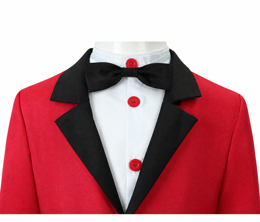 Black bow and contrasting lapels on the Caine costume