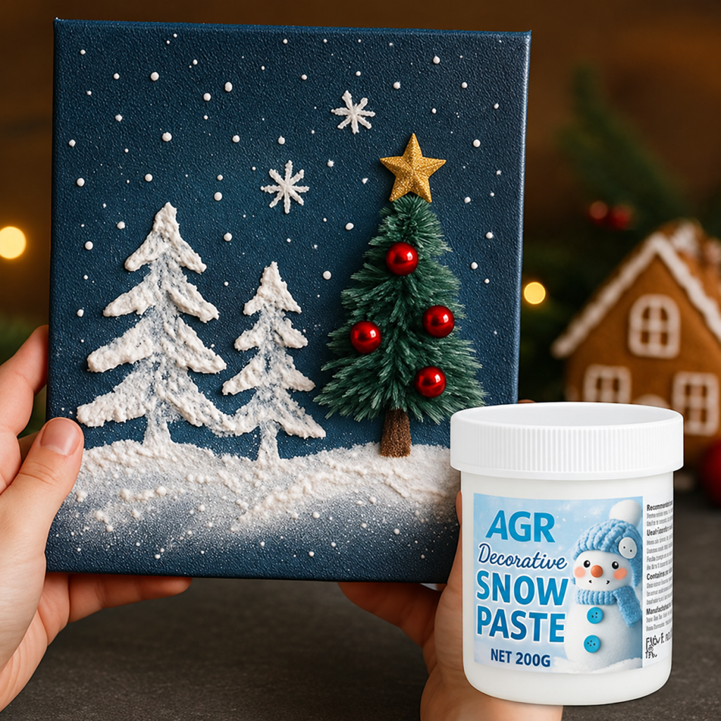 White raised snow texture on a winter canvas beside one jar of decorative paste