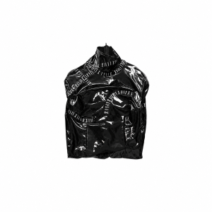 Close view of black stitched-effect catsuit collar and torso