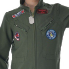 Kids pilot jumpsuit chest detail with centre zipper, diagonal zip pockets and aviation patches