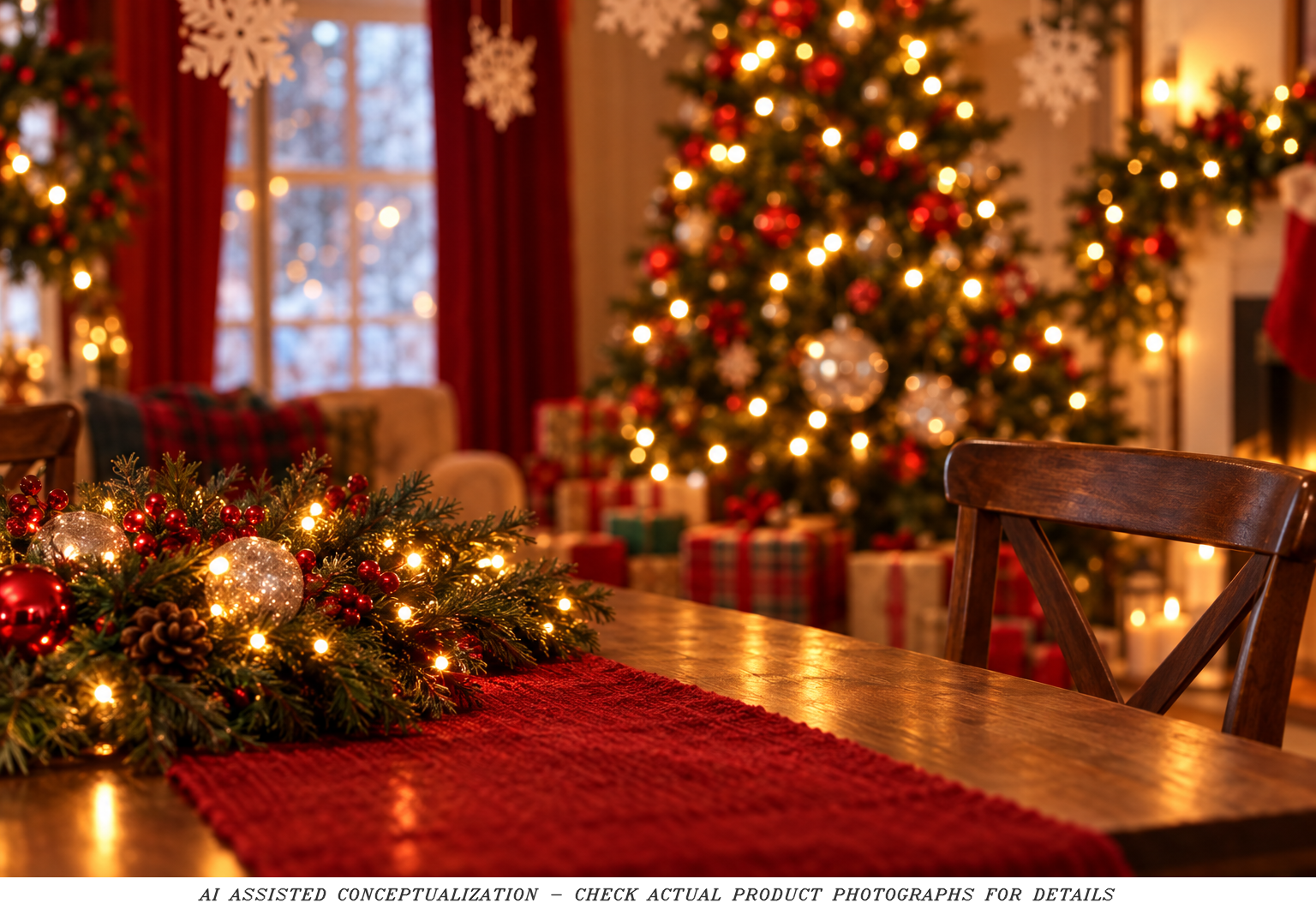 AI-generated Christmas party room with decorated tree and table; no product shown