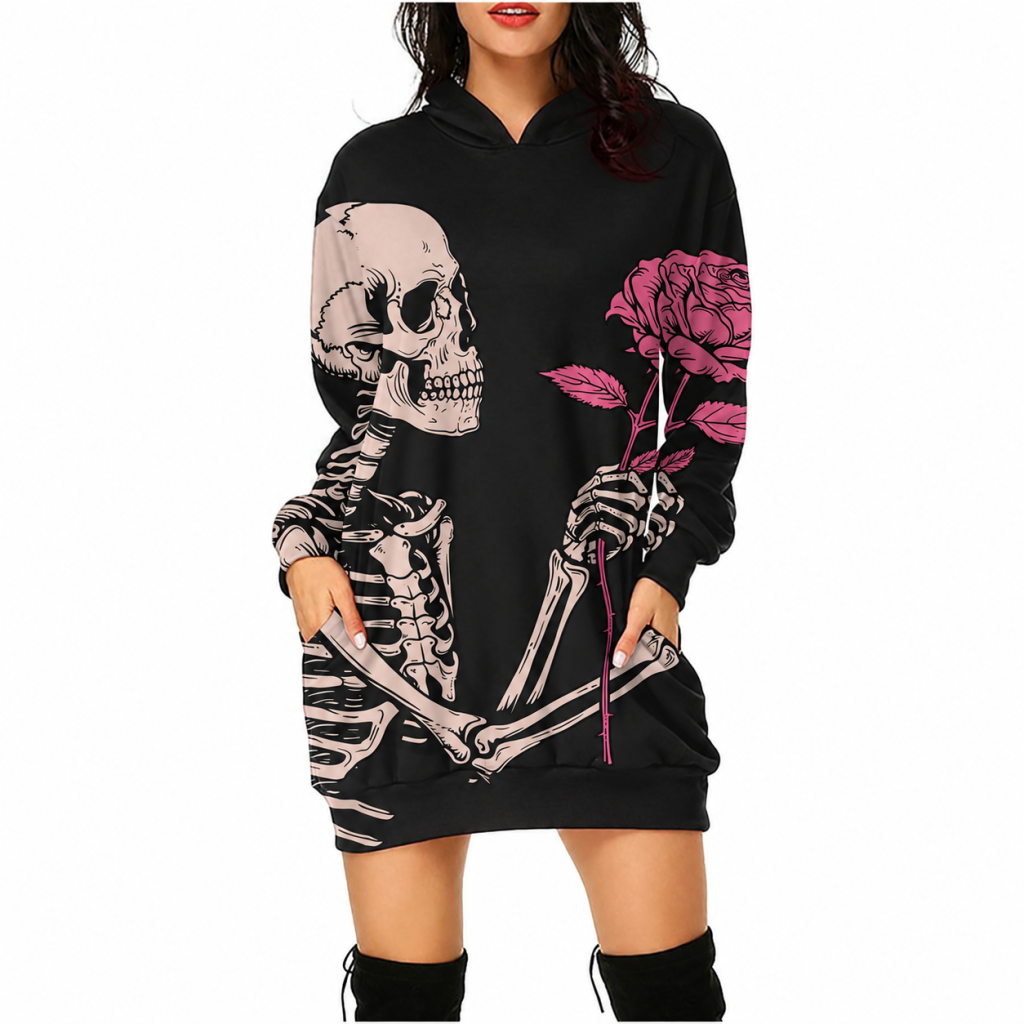 Pink rose skeleton hooded dress worn front view