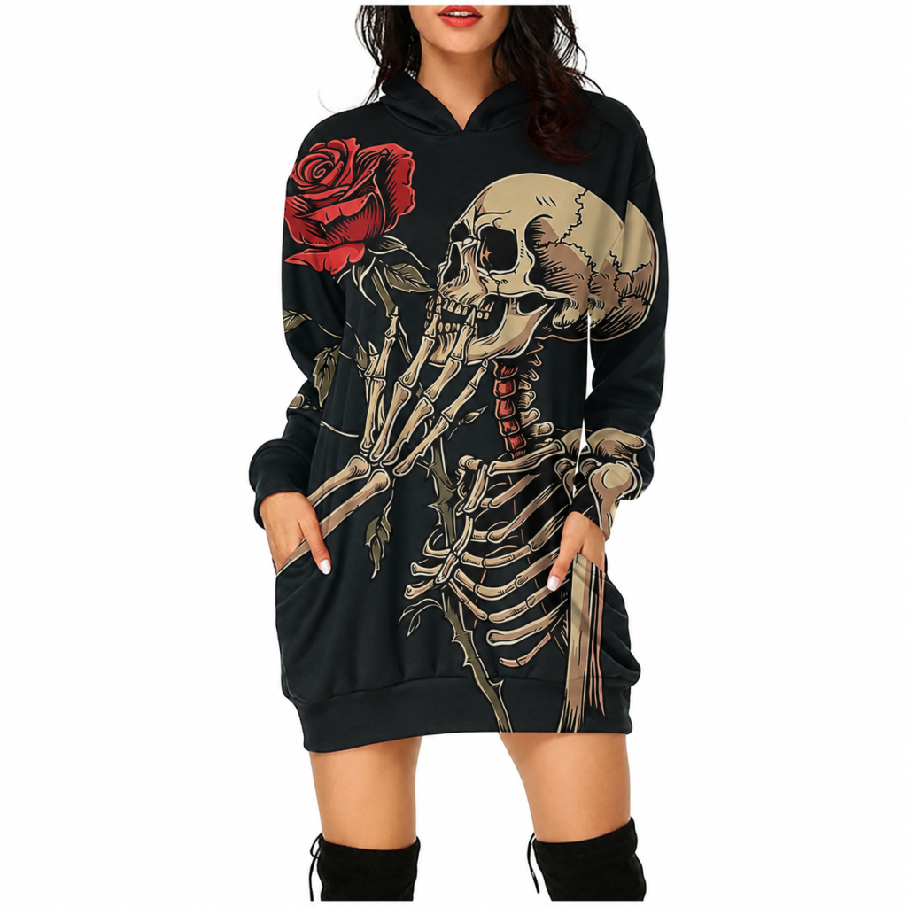 Red rose and skeleton print hooded dress