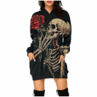 Red rose and skeleton print hooded dress