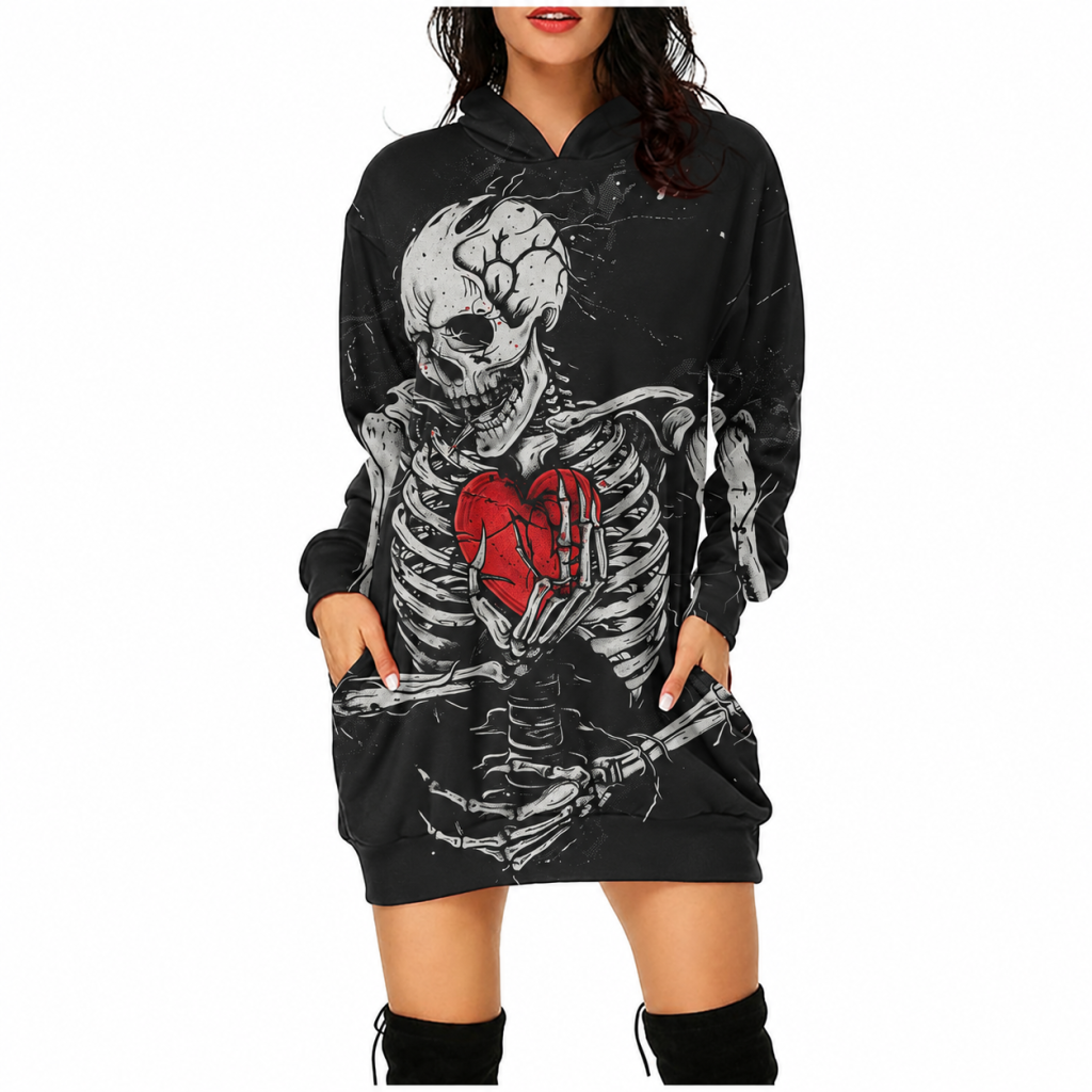 Broken heart skeleton graphic on black hooded dress
