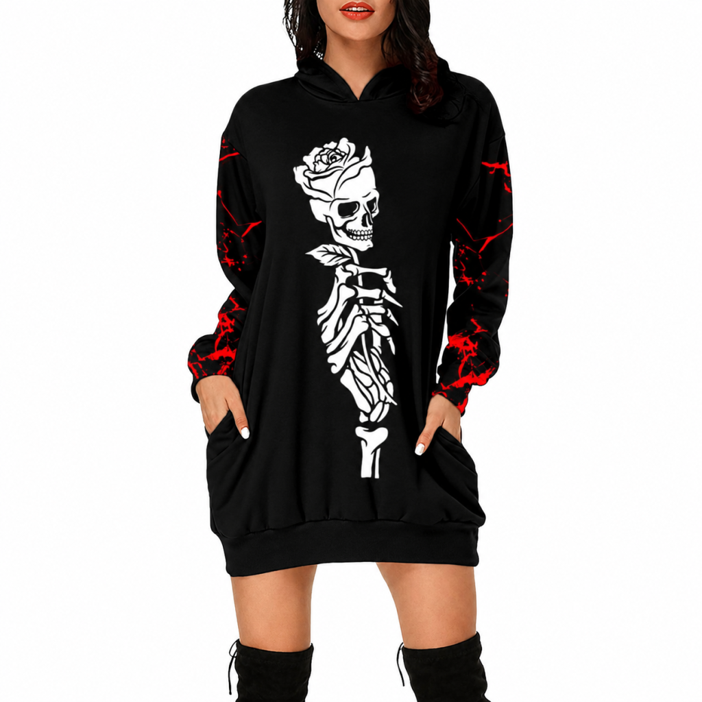 White skeleton rose graphic with red sleeve accents
