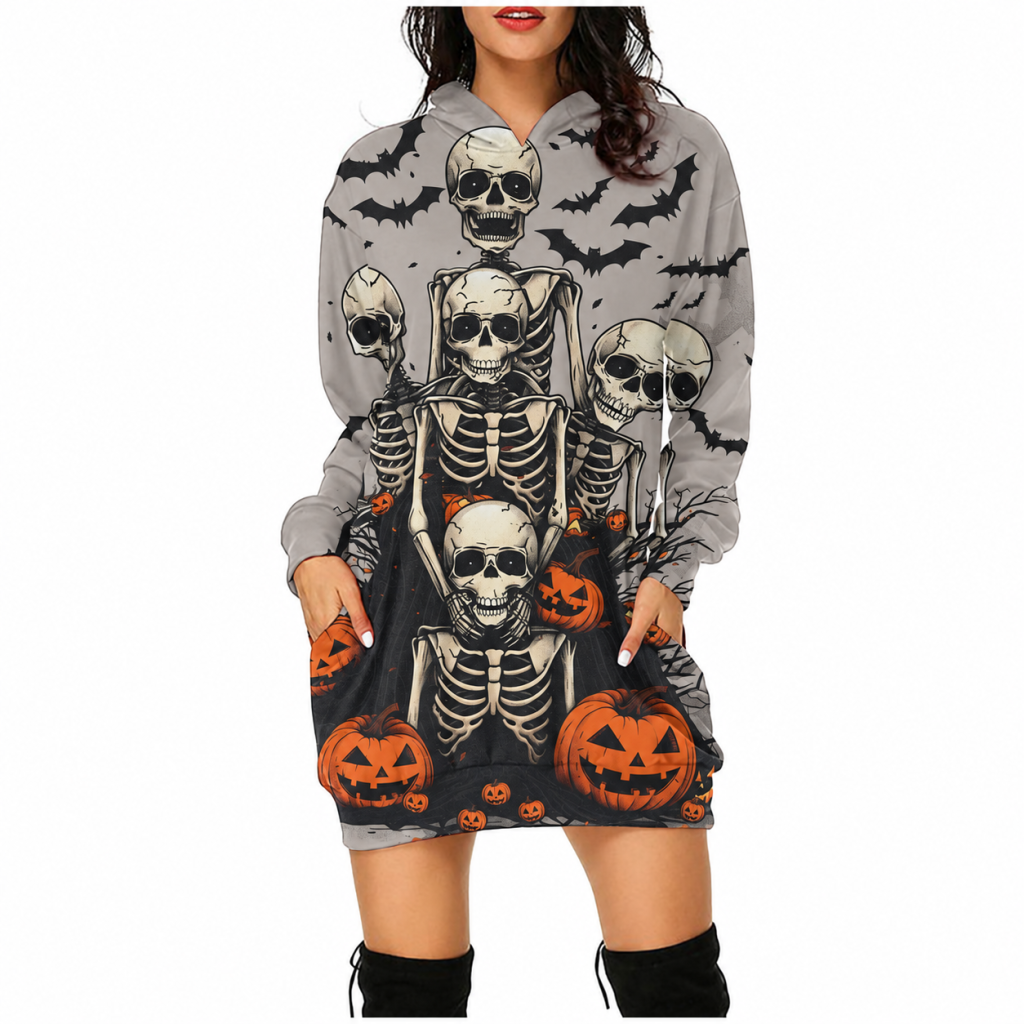 Pumpkin and skeleton print gray hooded dress