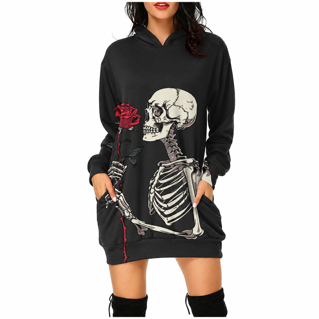 Skeleton holding a red rose print on hooded dress