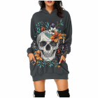 Skull and colorful floral graphic on charcoal hooded dress