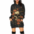 Autumn orange flowers framing a skull on hooded dress