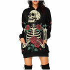 Skeleton and red roses graphic on black hooded dress