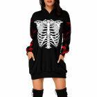 White ribcage print and red sleeve accents on black dress