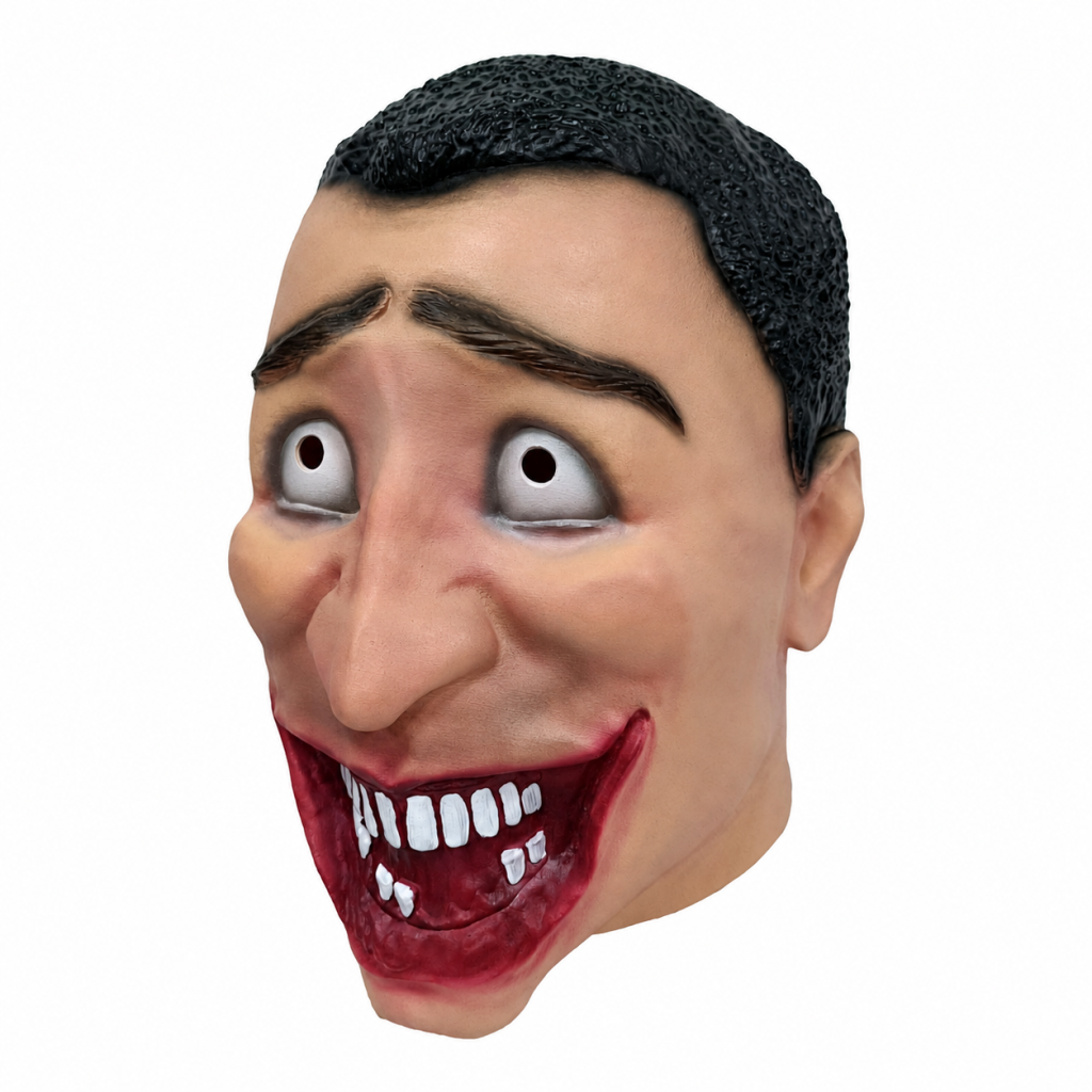 Grinning Face mask with molded black hair, eye openings and a red toothy grin