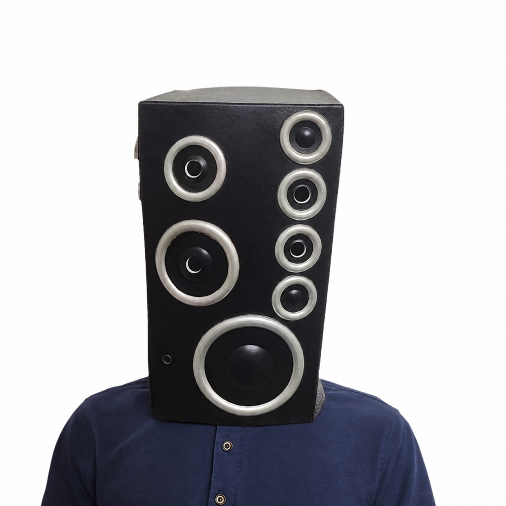 Speaker Black/Silver Small costume mask worn with a navy shirt, clothing not included