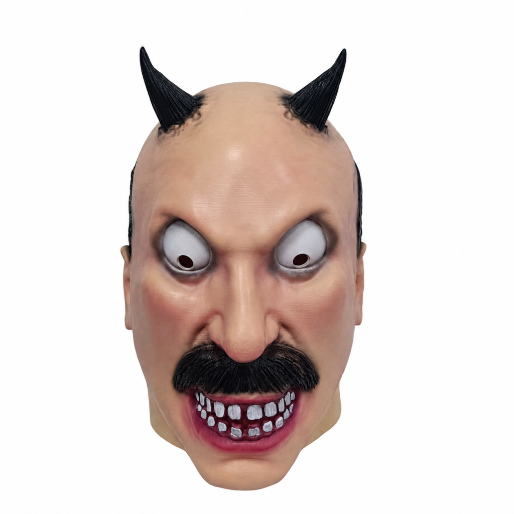 Horned Face mask with two black horns, molded moustache and red toothy grin