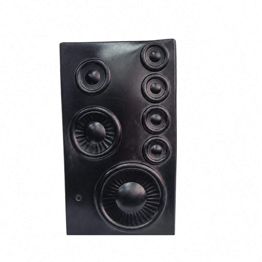 All-black Speaker costume mask with seven dark molded speaker circles