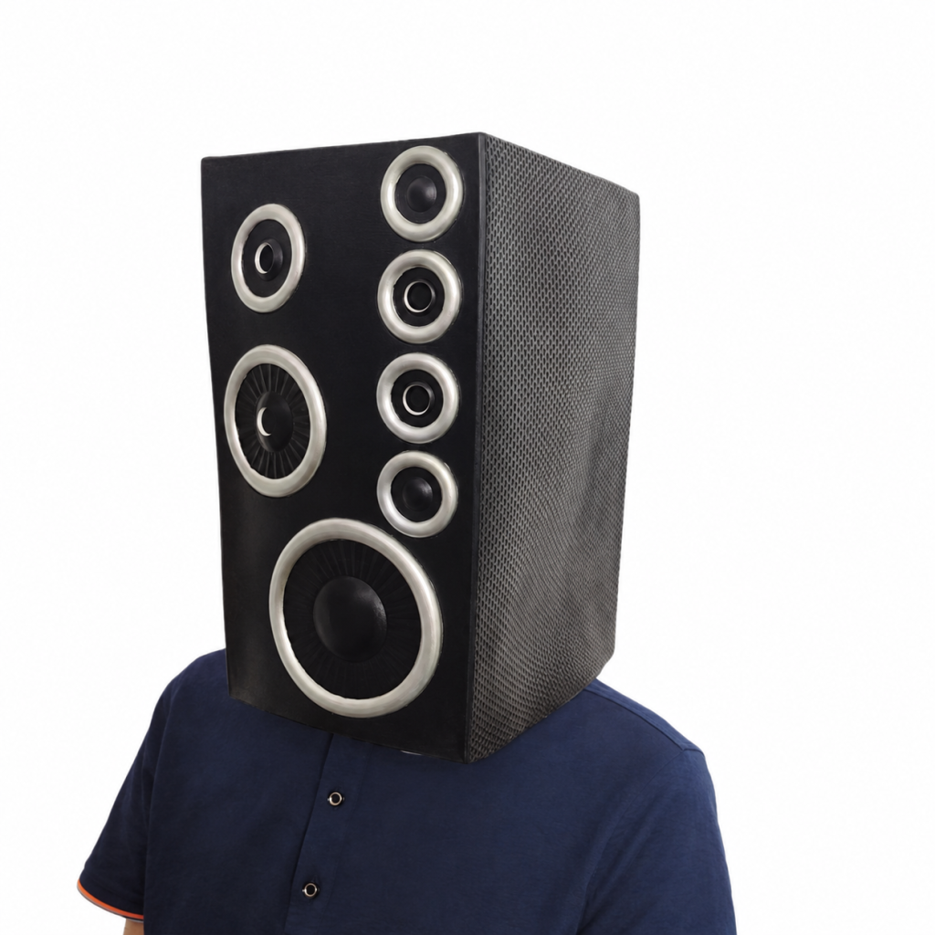 Black and silver Speaker mask worn at an angle showing box depth and textured side panel