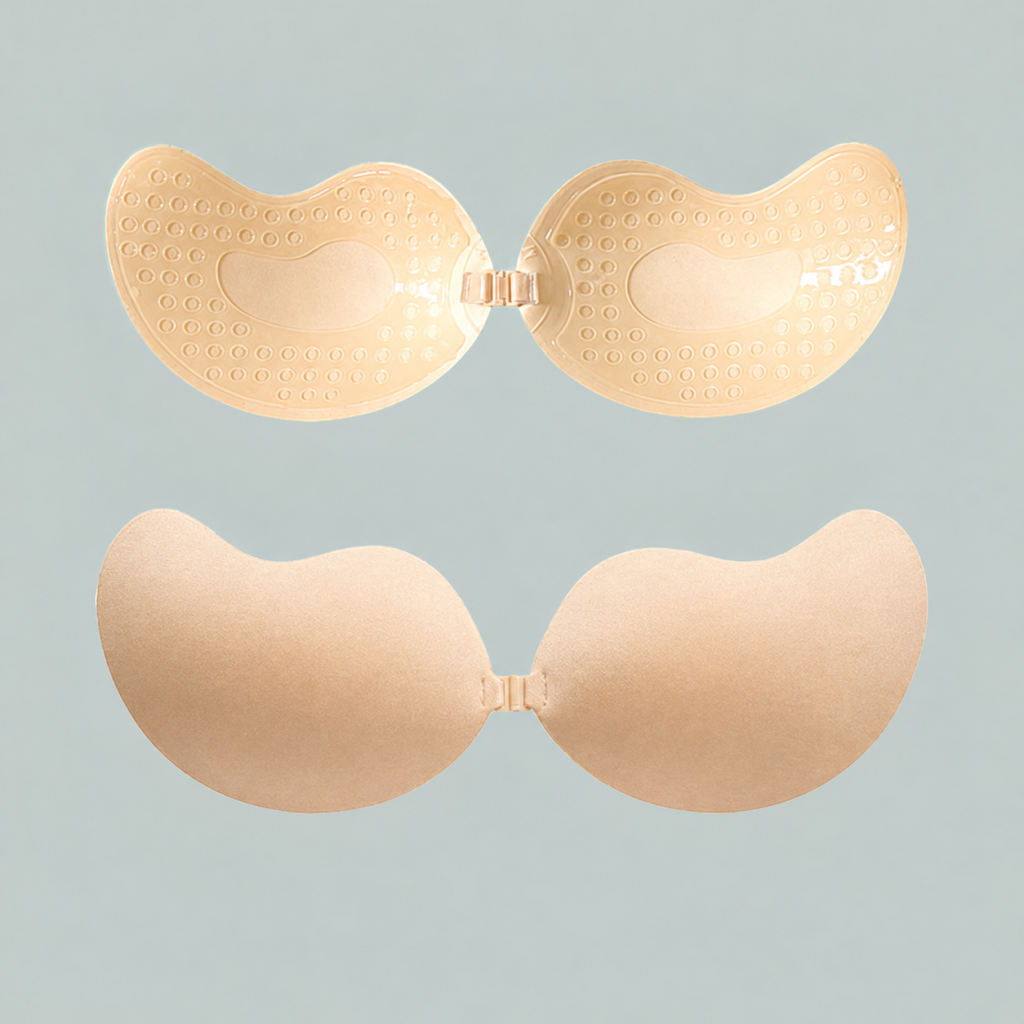 Beige dot-adhesive bra front and back