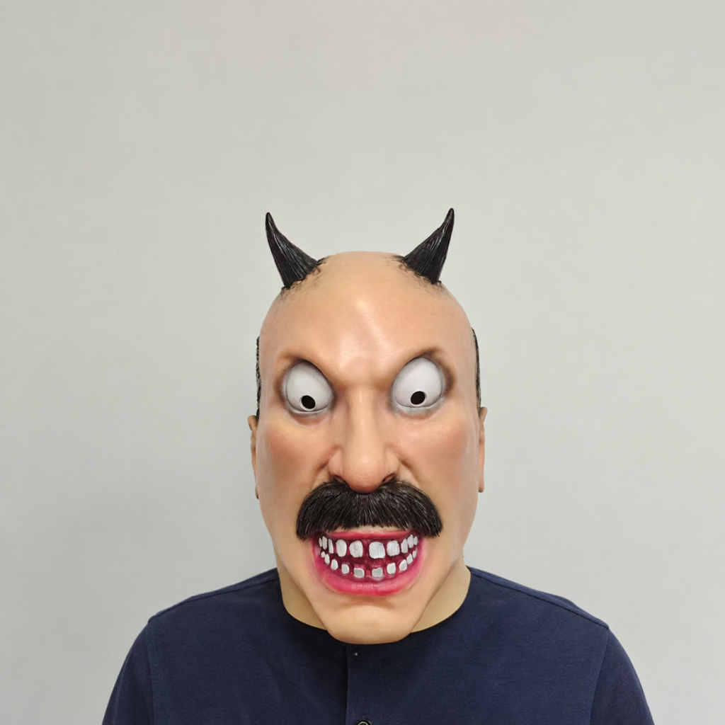 Horned Face mask worn from the front showing horns, moustache and eye openings
